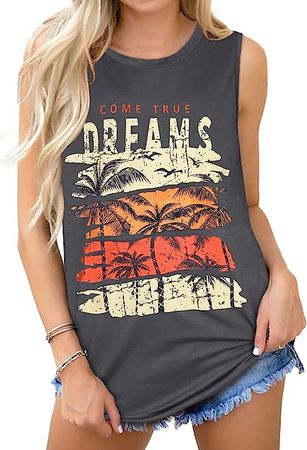 Sun Moon Graphic Tank Tops for Women Summer Sleeveless Tshirts Beach Casual Loose Tunic Blouses(Black,L) at Amazon Women’s Clothing store