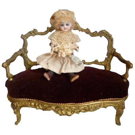 Elegant 19th C. French gilt bronze miniature sofa : canape with : French faded-grandeur | Ruby Lane
