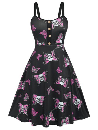 Plus Size Halloween Skull Butterfly Print Dress [38% OFF] | Rosegal