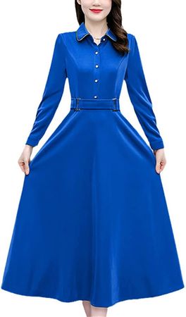 Autumn Winter Long Sleeve Korean Midi Dress Office Lady Dress Women Party Night Blue XXL at Amazon Women’s Clothing store