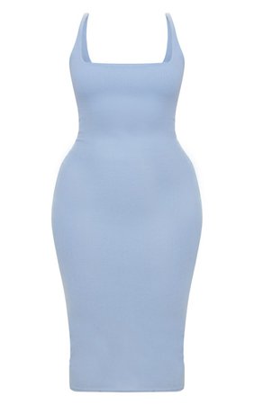Plus Dusky Blue Ribbed Square Neck Midi Dress | PrettyLittleThing USA