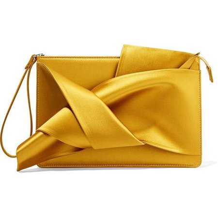 No. 21 Knot satin clutch ($340) ❤ liked on Polyvore featuring bags, handbags, clutches, saffron, bow handbag, zipper handbag, satin handbag… | Polyvore | Yello…