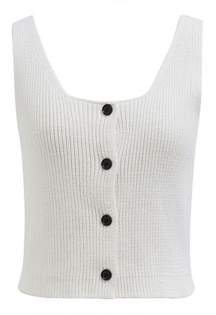 Button Down Sleeveless Knit Crop Top in White - Retro, Indie and Unique Fashion