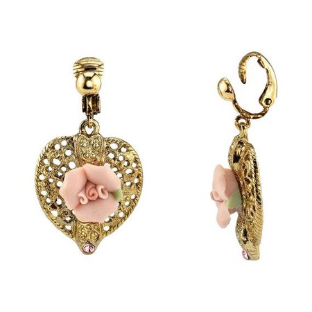 1928 Jewelry Gold-Tone Pink Crystal and Porcelain Rose Filigree Heart Clip On Drop Earrings