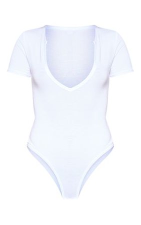 Basic White Plunge Short Sleeve Bodysuit | PrettyLittleThing