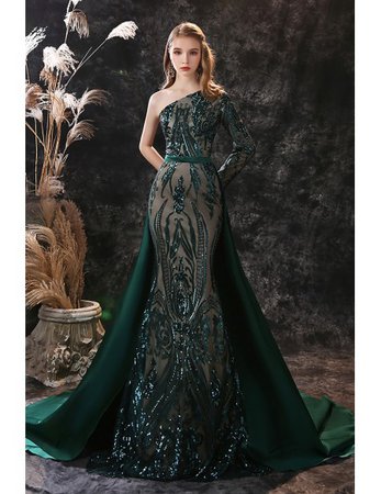 Dark Green One Shoulder Sleeve Seuqin Prom Dress Sparkly with Removable Train #B29558 - GemGrace.com