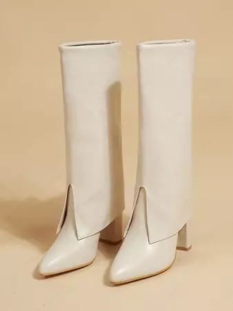 Chunky Heel Pointed Toe Fold Over Mid-calf Boots In WHITE | ZAFUL 2024