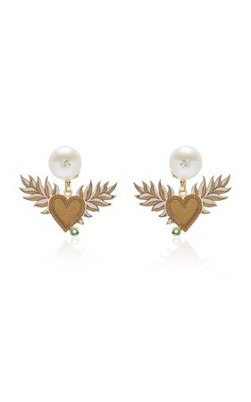 Fly Away 18k Yellow Gold Pearl, Emerald Hoop Earrings By Carolina Neves | Moda Operandi