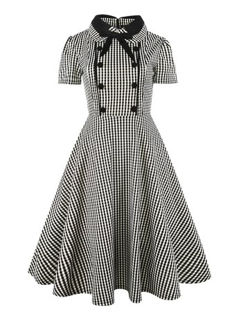 Button Front Bow Tie Neck Gingham Shirt Dress