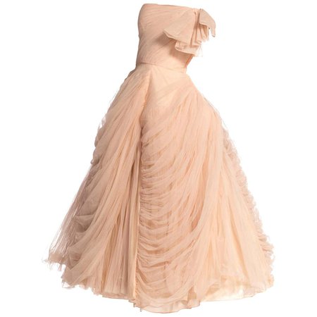 1950S Blush Pink Rayon and Nylon Tulle Draped Strapless Gown In The Style Of Dior For Sale at 1stDibs | 1950s strapless dress, pink strapless gown