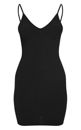 Black Rib Plunge Strappy Bodycon Dress | PrettyLittleThing
