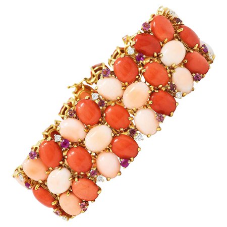 Vintage 1960's Coral, Ruby, Diamond, And 18kt Yellow Gold Cluster Bracelet