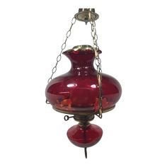 Vintage Mid 20th Century Electric Hanging Library Oil Lamp with Cranberry Ruby Red Glass Shade