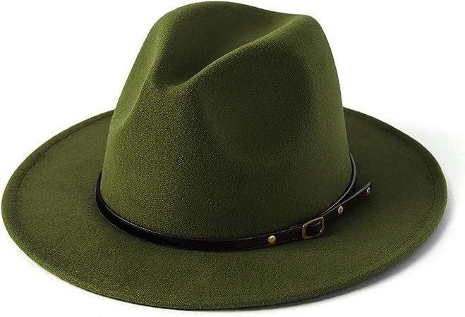 HUDANHUWEI Women's Classic Wide Brim Fedora Hat with Belt Buckle Felt Panama Hat Green at Amazon Women’s Clothing store