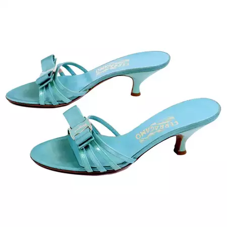 Salvatore Ferragamo Vintage Turquoise Blue Bow Sandals With Low Heels For Sale at 1stDibs | turquoise sandals, turquoise sandles, turquoise shoes low heel