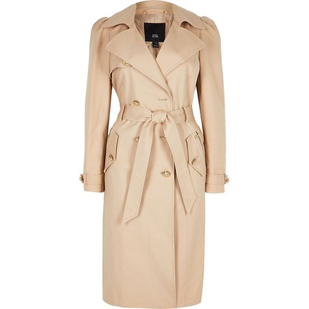Stone puff sleeve double breasted trench coat | River Island