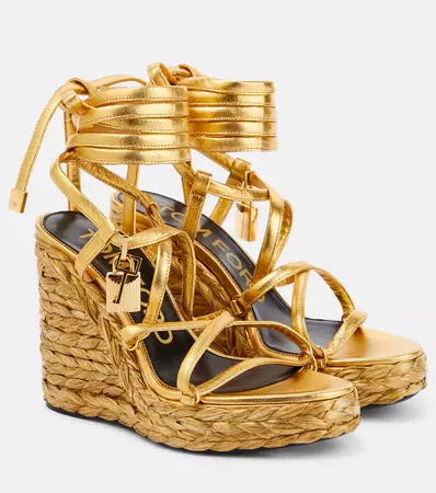 Padlock Leather Wedge Sandals in Gold - Tom Ford | Mytheresa