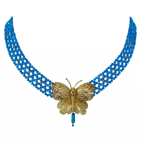 Marina J. Turquoise Woven Necklace with Yellow Gold Butterfly Centerpiece For Sale at 1stDibs
