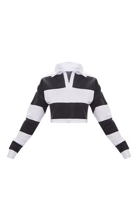 Black Stripe Collar Polo Long Sleeve Crop Top | PrettyLittleThing USA