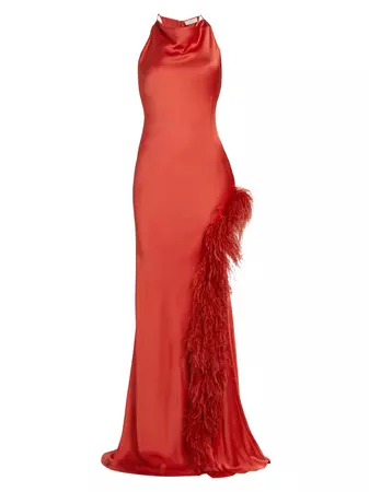 Shop LAPOINTE Feather-Trimmed Satin Halter Gown | Saks Fifth Avenue