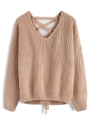 Focus on Lace-up Back Sweater in Light Tan - Sweaters - TOPS - Retro, Indie and Unique Fashion