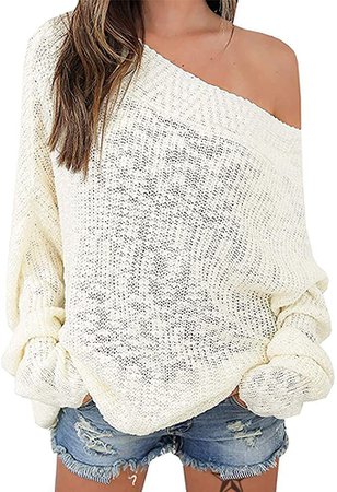 Exlura Women's Off Shoulder Sweater Batwing Sleeve Loose Oversized Pullover Knit Jumper at Amazon Women’s Clothing store