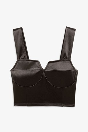 Satin corset crop top - Brown black - Cropped tops - Monki WW