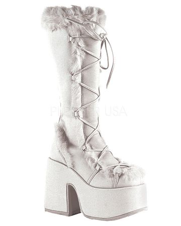 Demonia White Furry Winter Faux Fur Boots | Rave Wonderland