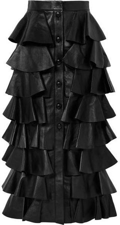 Tiered Ruffled Leather Maxi Skirt - Black