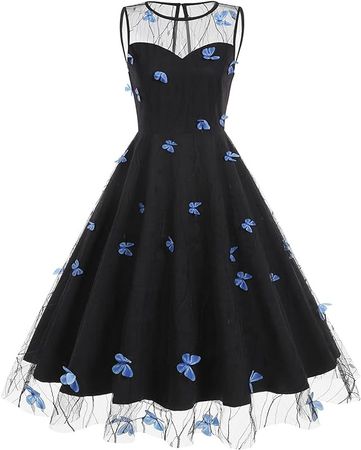 Amazon.com: IBAKOM Women Sleeveless Floral Embroidery Mesh Neck Dress Vintage 50s Keyhole Heart Print Swing Party Dress : Clothing, Shoes & Jewelry
