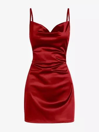Women's Satin Sleeveless Spaghetti Strap Side Slit Cowl Neck Cocktail Party Mini Slip Vegas Dress In RED | ZAFUL 2023