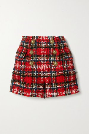 Frayed Checked Tweed Shorts - Red