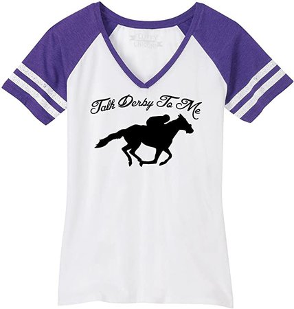 Amazon.com: Ladies Game V-Neck Tee Talk Derby to Me Funny Horse Race, Kentucky Derby Shirt White/Heathered Purple L: Clothing