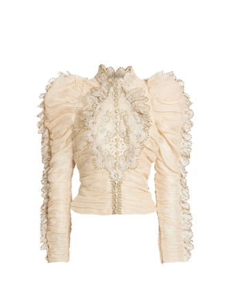 ivory ZIMMERMANN Crochet-paneled ruched linen silk-blend top