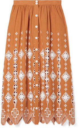 Carolyn Broderie Anglaise-trimmed Cotton Midi Skirt - Orange