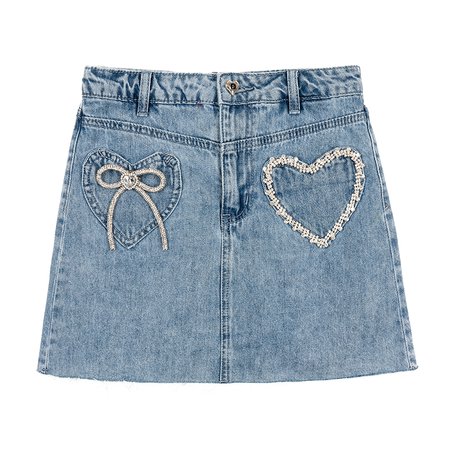 Bow Knot Rhinestone Heart Denim Skirt - PIKAMOON - Fashion Selected Designer Clothing