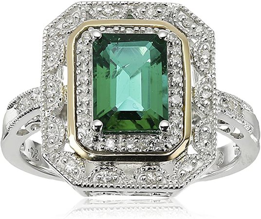 Amazon.com: Sterling Silver and 14k Yellow Gold Emerald Cut Created Emerald and Diamond Accent Art Deco-Style Ring, Size 7: Jewelry