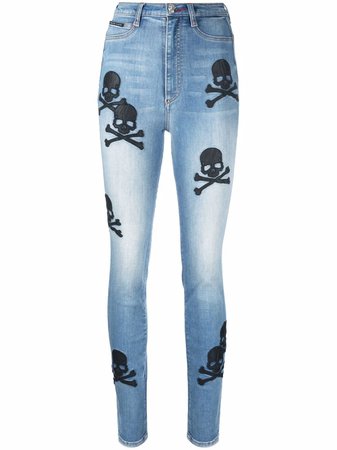 Shop Philipp Plein skull-patches high-waisted skinny jeans with Express Delivery - FARFETCH