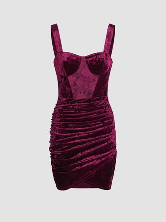 Velvet Solid Ruched Lace Mini Dress - Cider