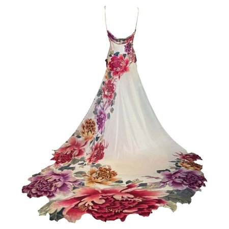 Roberto Cavalli Asian Inspired Peach Floral Evening Gown S/S 2006 Size 38IT