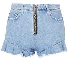 Zip-detailed Ruffle-trimmed Denim Shorts
