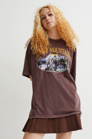 Oversized printed T-shirt - Dark brown/Rocky Mountains - Ladies | H&M GB