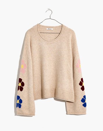 Belmore Floral-Sleeve Pullover Sweater in Coziest Textured Yarn