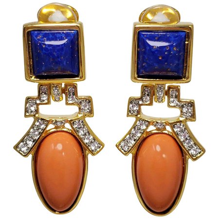 Kenneth Jay Lane KJL Lapis Lazuli and Coral Art Deco Dangling Clip On Earrings For Sale at 1stDibs