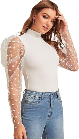 Floerns Women's Mock Neck Polka Dots Puff Sleeve Blouse Tops at Amazon Women’s Clothing store