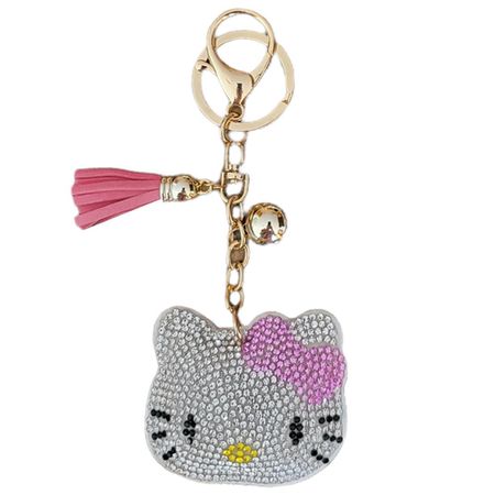 Bling Rhinestone Hello Kitty Puffy Tassel Key Chain Purse Charm