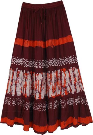 Batik Printed Rayon Long Skirt in Brown | Brown | XL-Plus, Maxi-Skirt