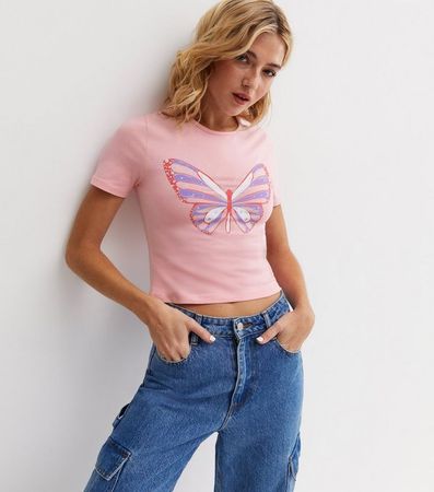 Pink Butterfly Logo Crop T-Shirt | New Look