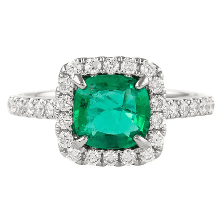 1.73ctt Cushion Emerald with Diamond Halo Ring 18k White Gold