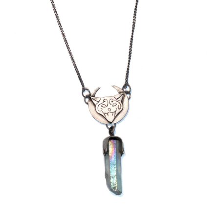 Silver angry cat necklace with titanium coated quartz crystal | Lunaria jewellery